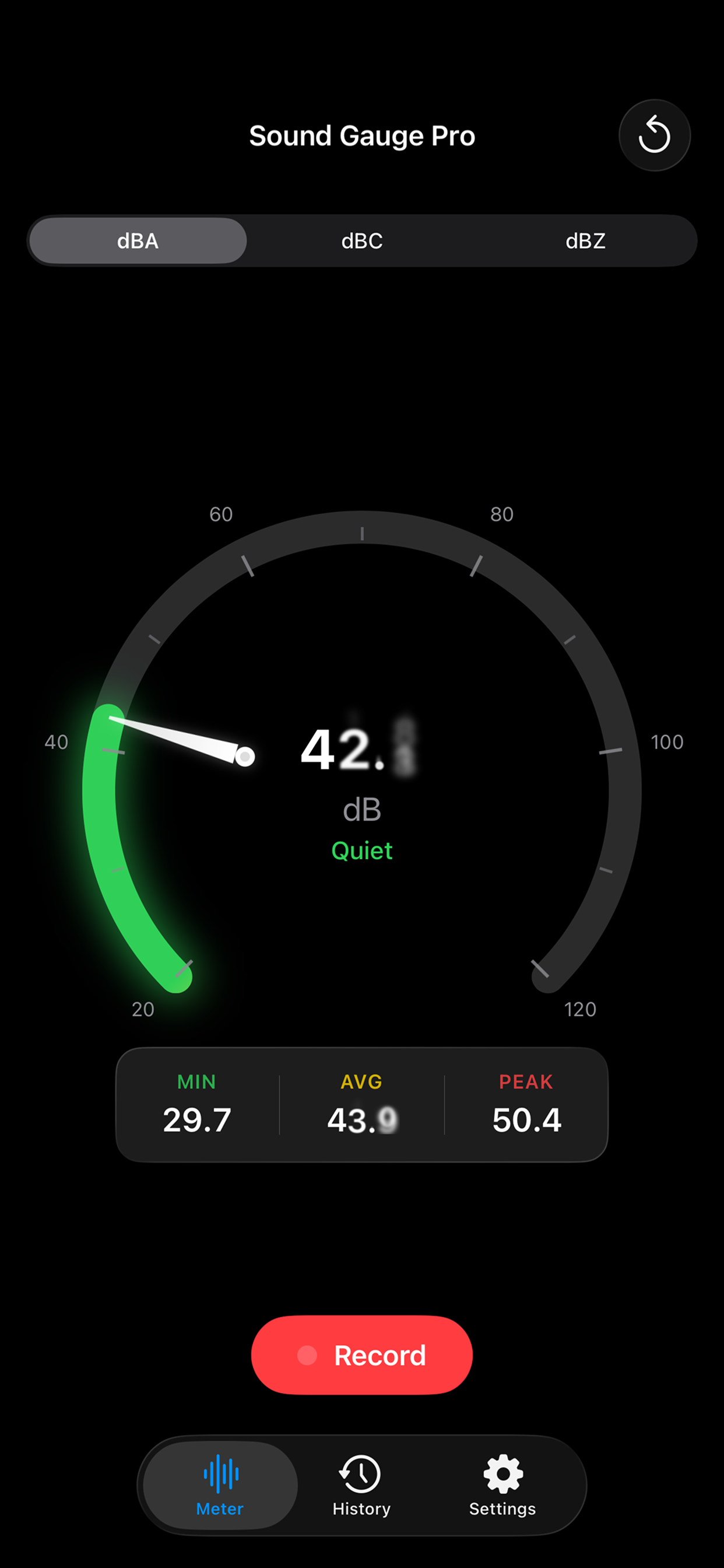 Sound Gauge Pro live meter showing 42.1 dB reading with arc gauge